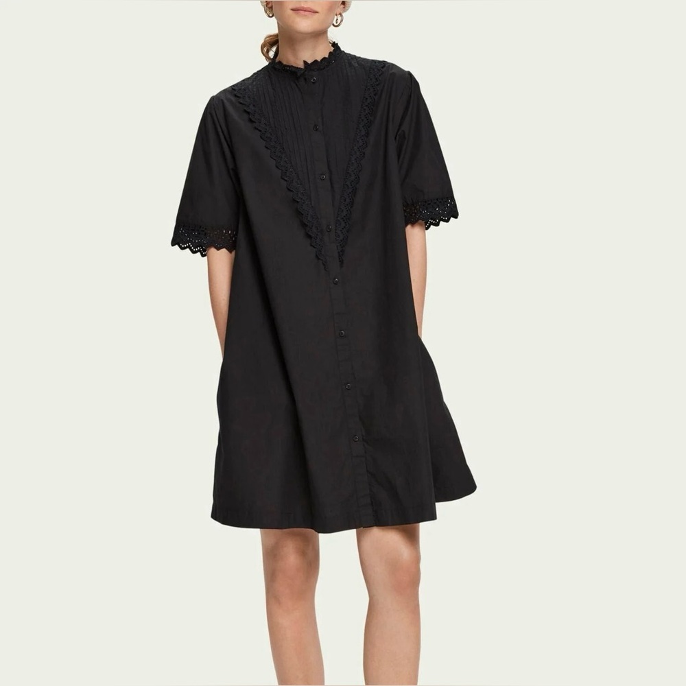 Scotch Soda Shirt Dress S Pintuck Eyelet Lace Trim Cotton Preppy Boho Goth Black
